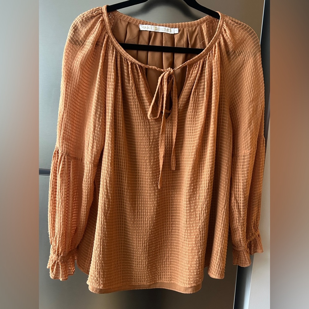 Marie Oliver 100% Silk Textured Blouse Tie Neck Boho Top